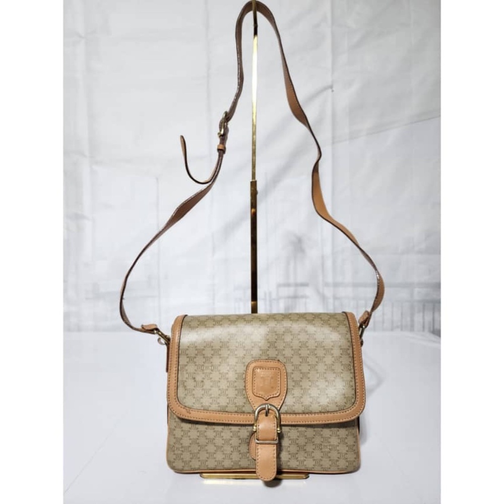 Authentic Céline Vintage Macadam Canvas Crossbody Bag Beige/Brown